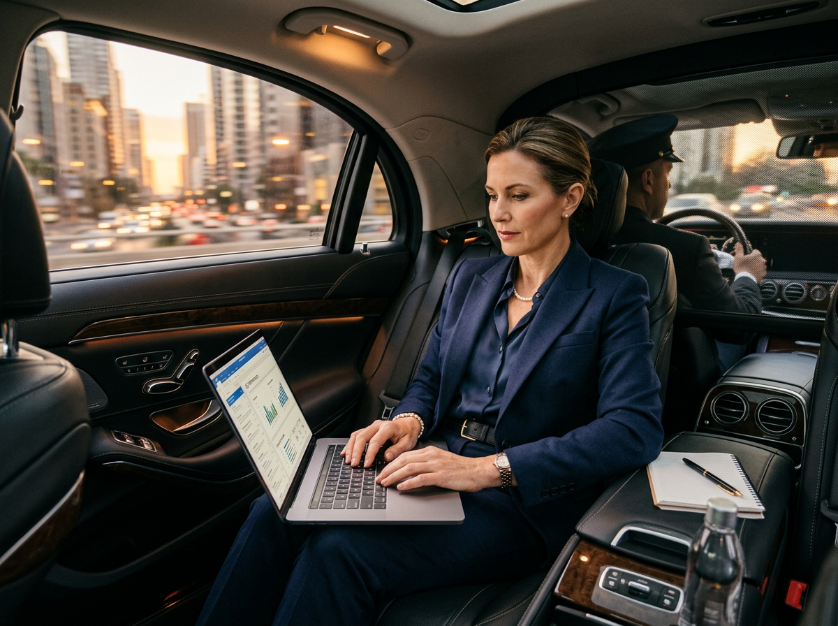 Executive working in the back of a luxury black sedan