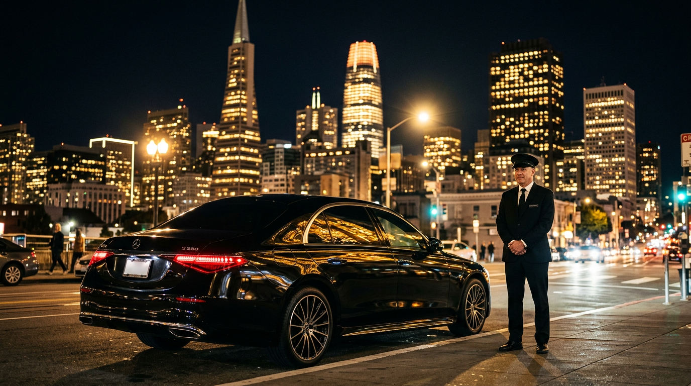 Black Mercedes S-Class chauffeur sedan parked in front of San Francisco skyline at night