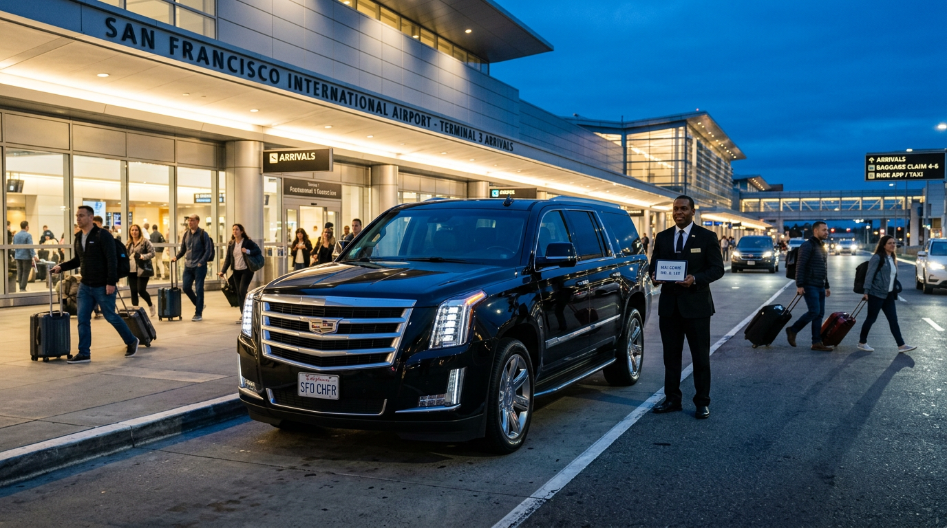 Black Cadillac Escalade SUV at SFO airport curbside