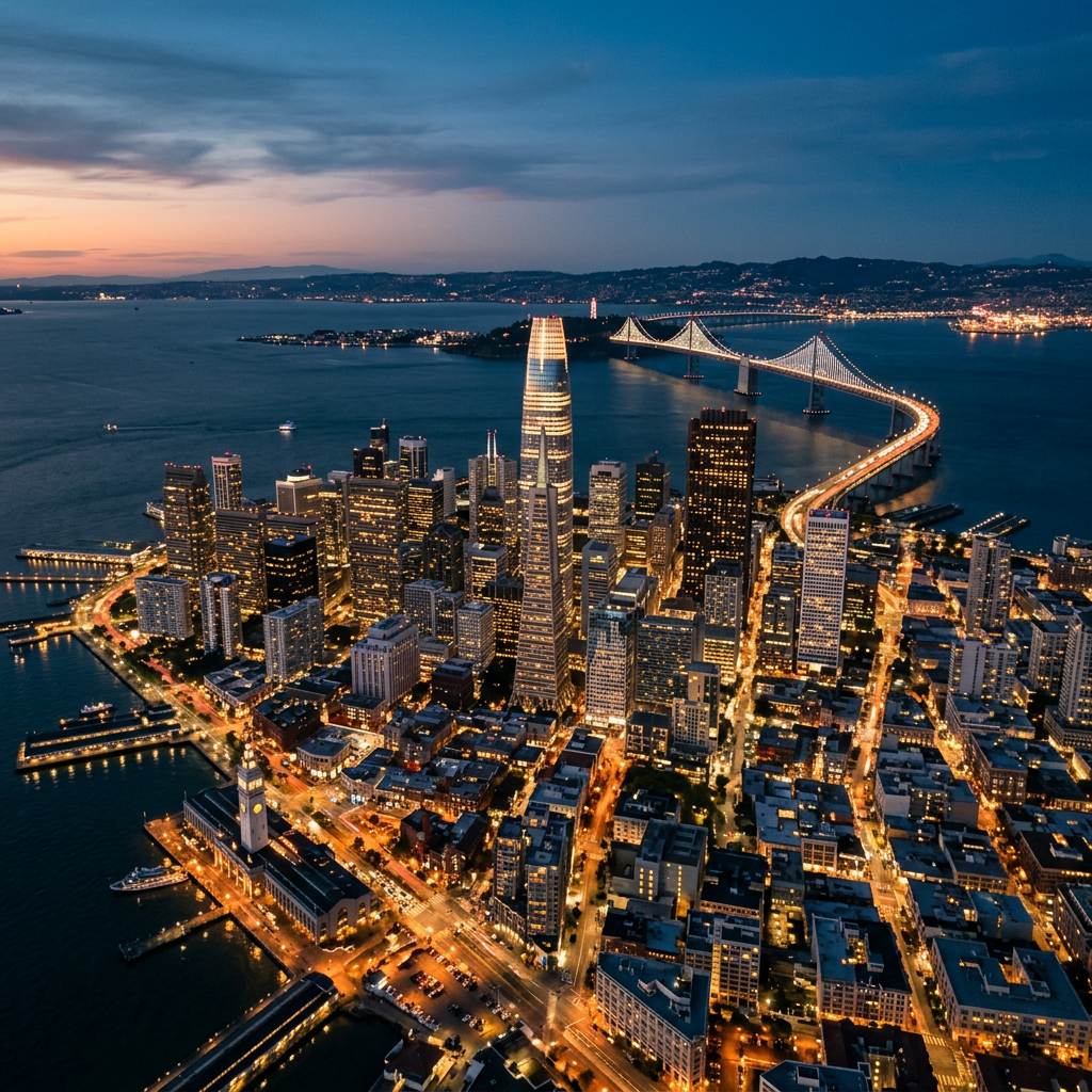 Aerial view of San Francisco skyline at dusk with Bay Bridge