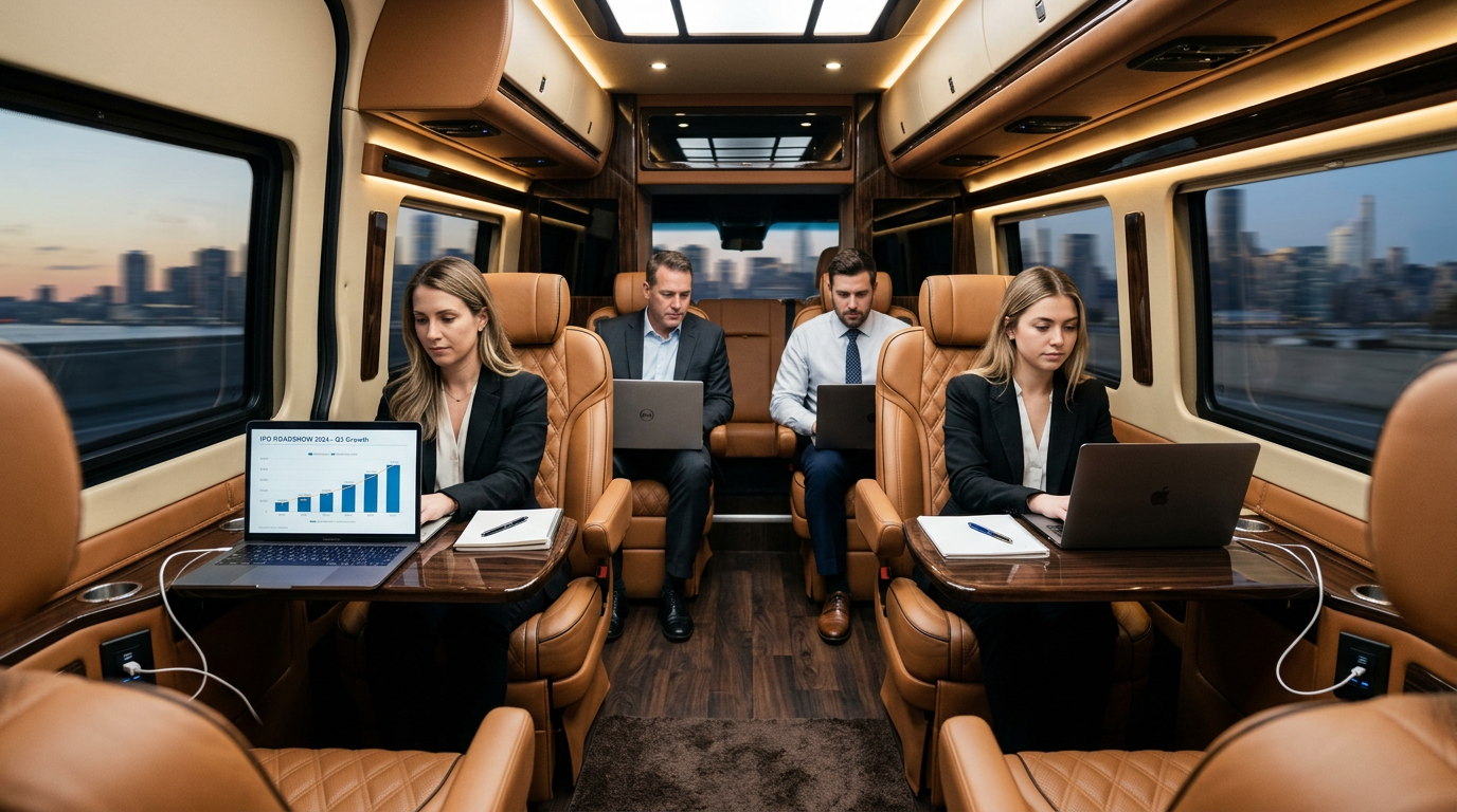 Executive Sprinter van interior with workstations